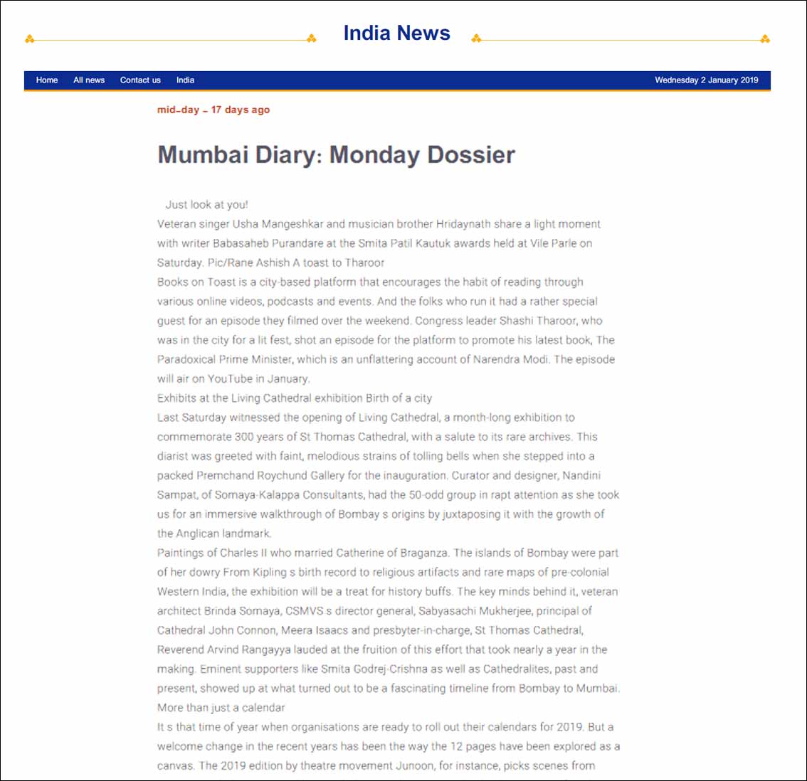 Mumbai Diary: Monday Dossier, India News - January 2019